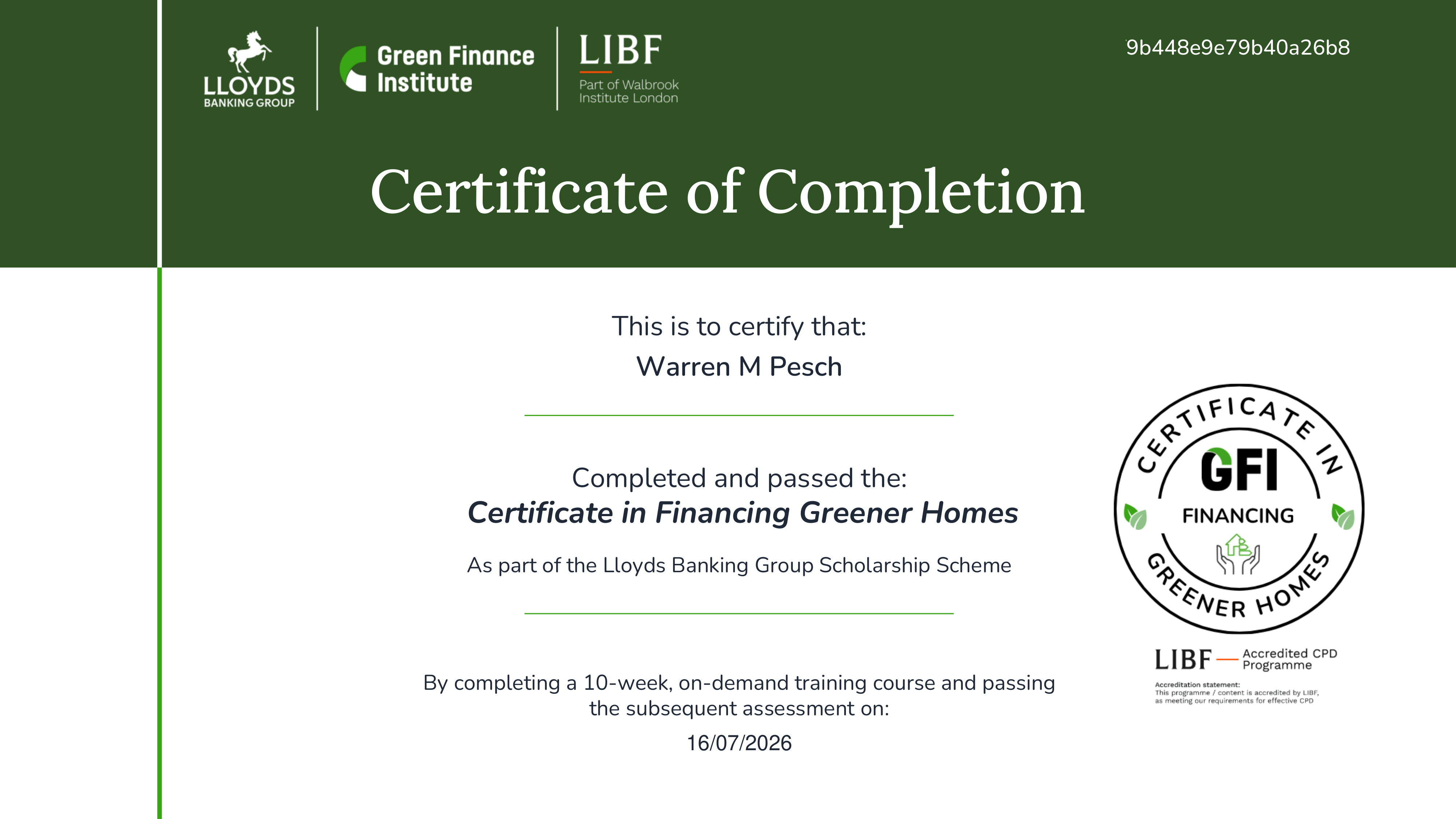 Certificate in Financing Greener Homes
